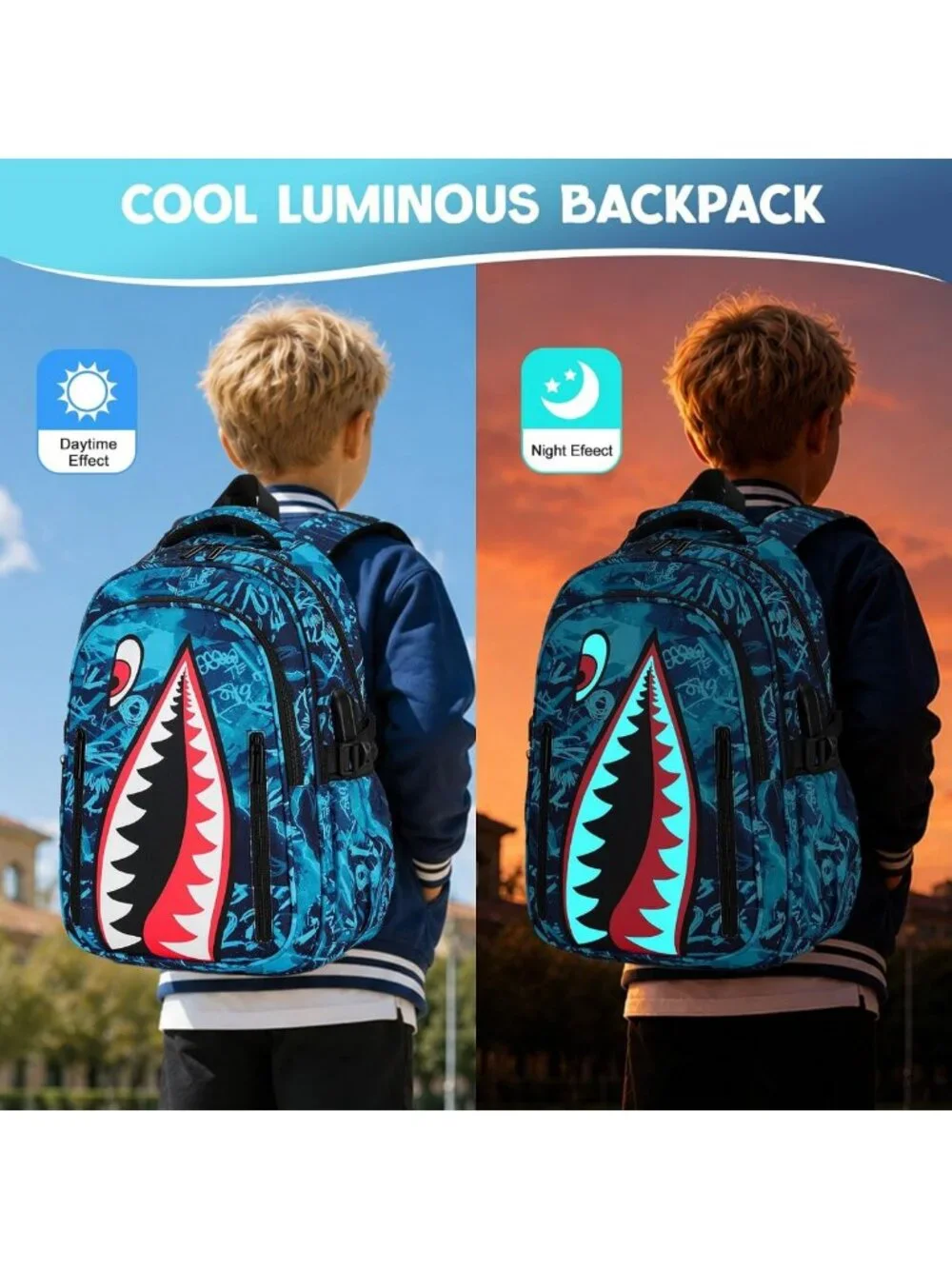 Cool Luminous Shark Backpack Set for Boys with Lunch Box - 3PCS Adventure Gear